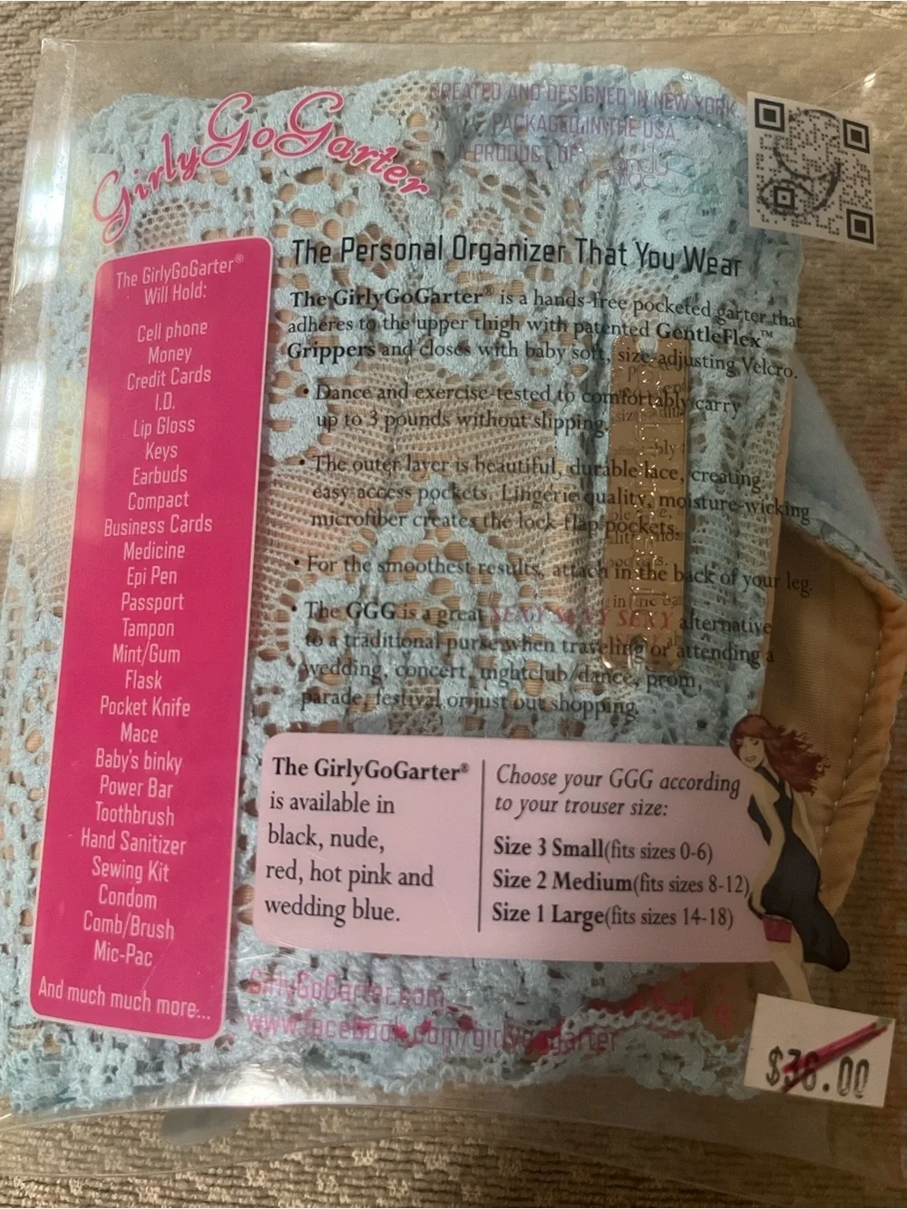 GirlyGoGarter Lace Garter in Light Blue Hands free holder size small 0-6. NIB